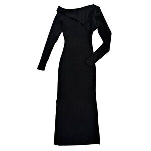 Elegant Black Ribbed Knit Dress With Asymmetrical Neckline, Long Sleeves, Size S